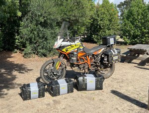 KTM with Hurricane luggage installed - All 3 hurricane duffle bags in front of bike